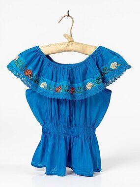 Embroidered Blue Mexican Fiesta Summer Blouse Top READ DESCRIPTION